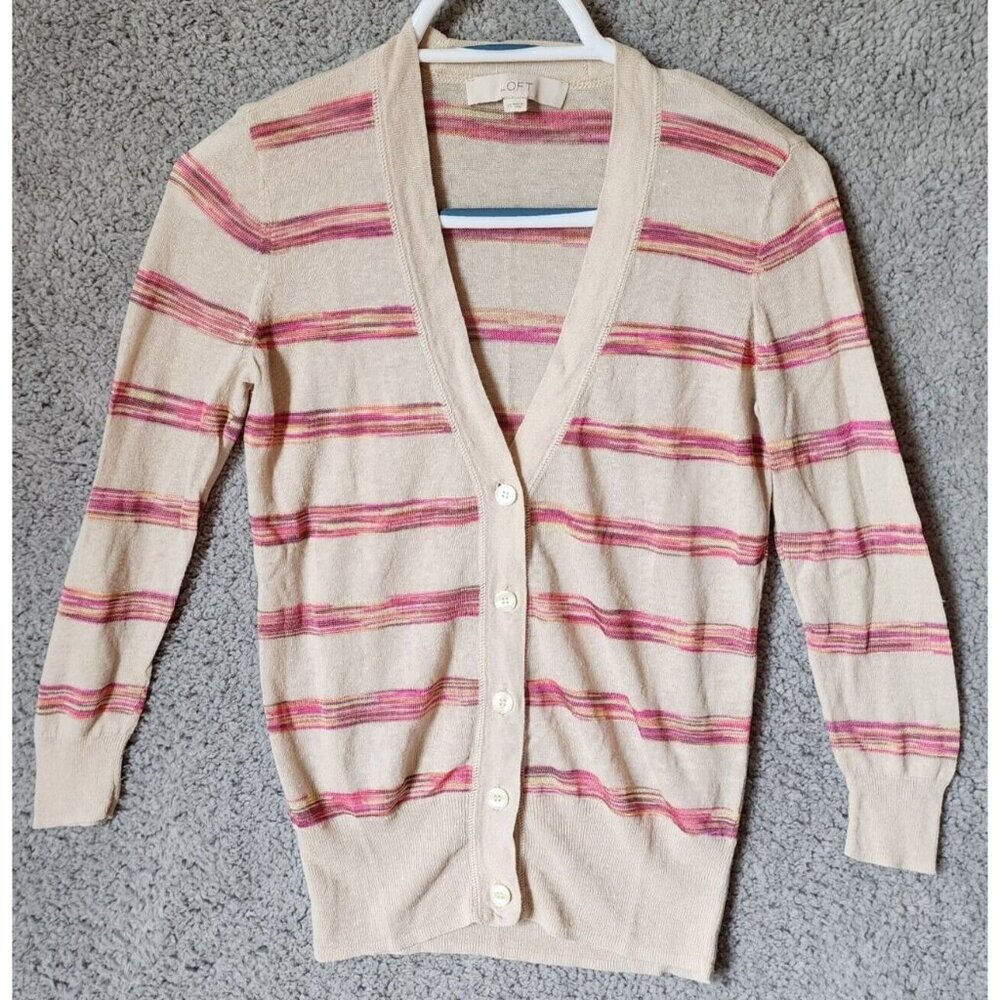 Loft Womens 3/4 Sleeve Button Front Lightweight Cardigan Tan/Pink Linen Blend XS